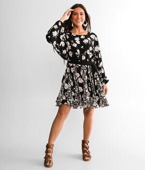 MITTOSHOP Black White Floral Ruffle Cuffed Sleeve Tie Waist Midi Dress sz Large